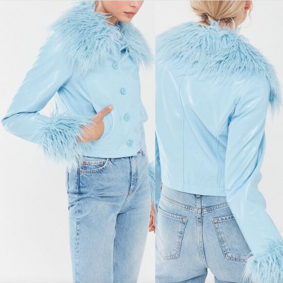 BNWT URBAN OUTFITTERS Mia Jacket Faux Fur Blue Pleather Lizzie McGuire Y2K Glam - Picture 1 of 8